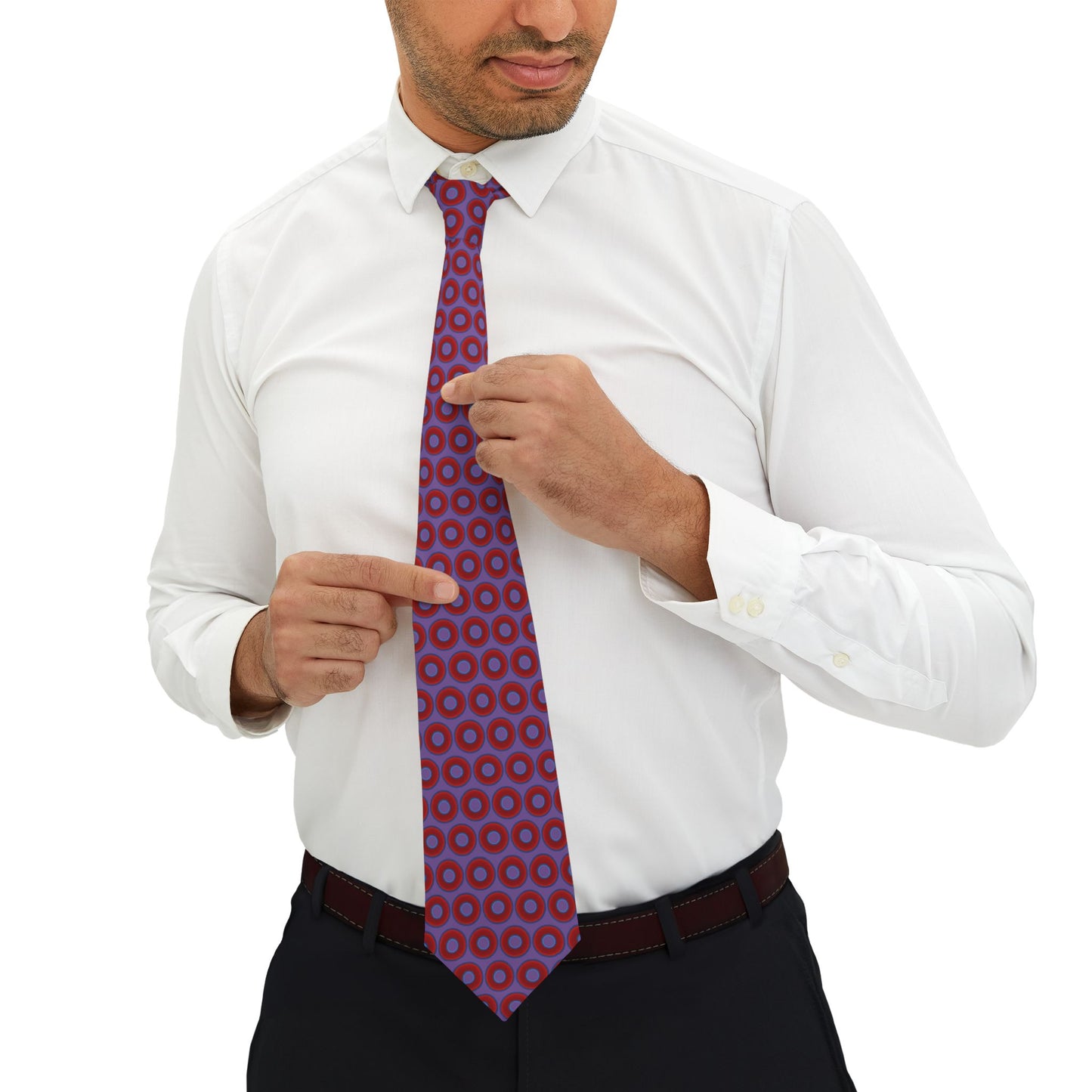 The Lumpy Necktie - vivid red donut print w/light purple background