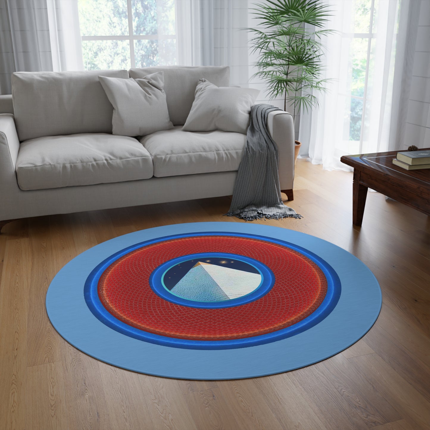Round Room - 5 ft x 5 ft Lumpy Donut Rug - "Limestone Donut Rugs so Large " - rustic red/blue donut w/light blue background - variant 1