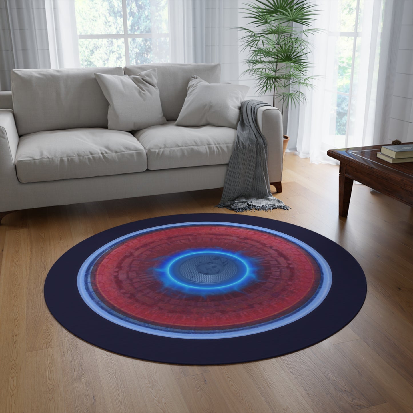Round Room - 5 ft x 5 ft Lumpy Donut Rug - "Homer's The Perfect Donut Rug" - vivid red/blue tube donut w/midnight blue background - variant 1