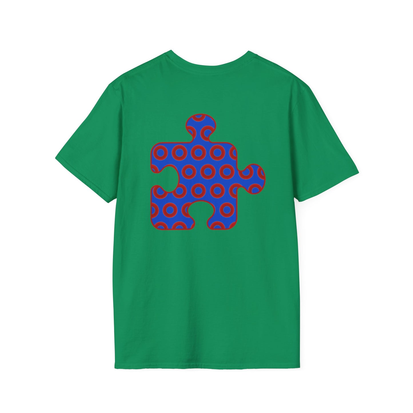 Classic Donut Tee - Unisex Soft-Style - "Trey's Completed Donut Pattern" - vivid red/blue puzzle pattern - variant 2