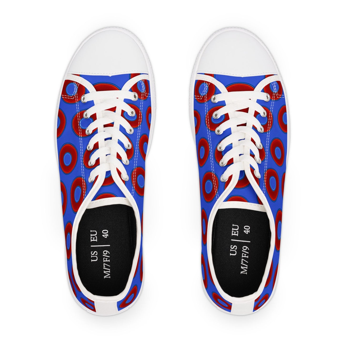 Women's - Low Top Chuck Taylors - large vivid red donut print w/royal blue background