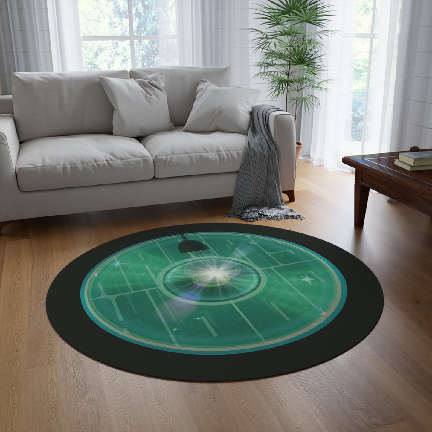 Round Room - 5 ft x 5 ft Lumpy Donut Rug - "Harry's Hoodlum Donut Rug" - vivid green word donut w/deep forest green background - variant 3