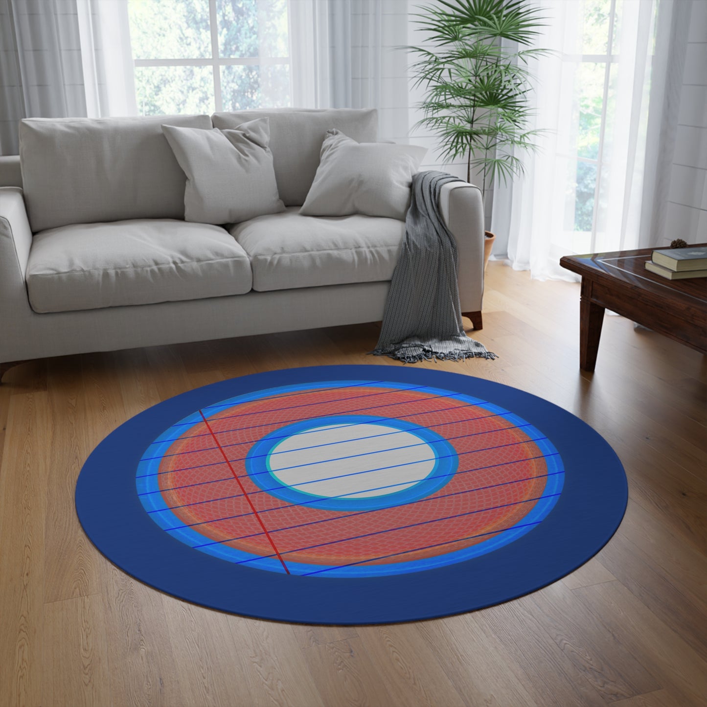 Round Room - 5 ft x 5 ft Lumpy Donut Rug - "Tasty Donut Carpet" - rustic red/blue lined donut w/dark blue background - variant 2