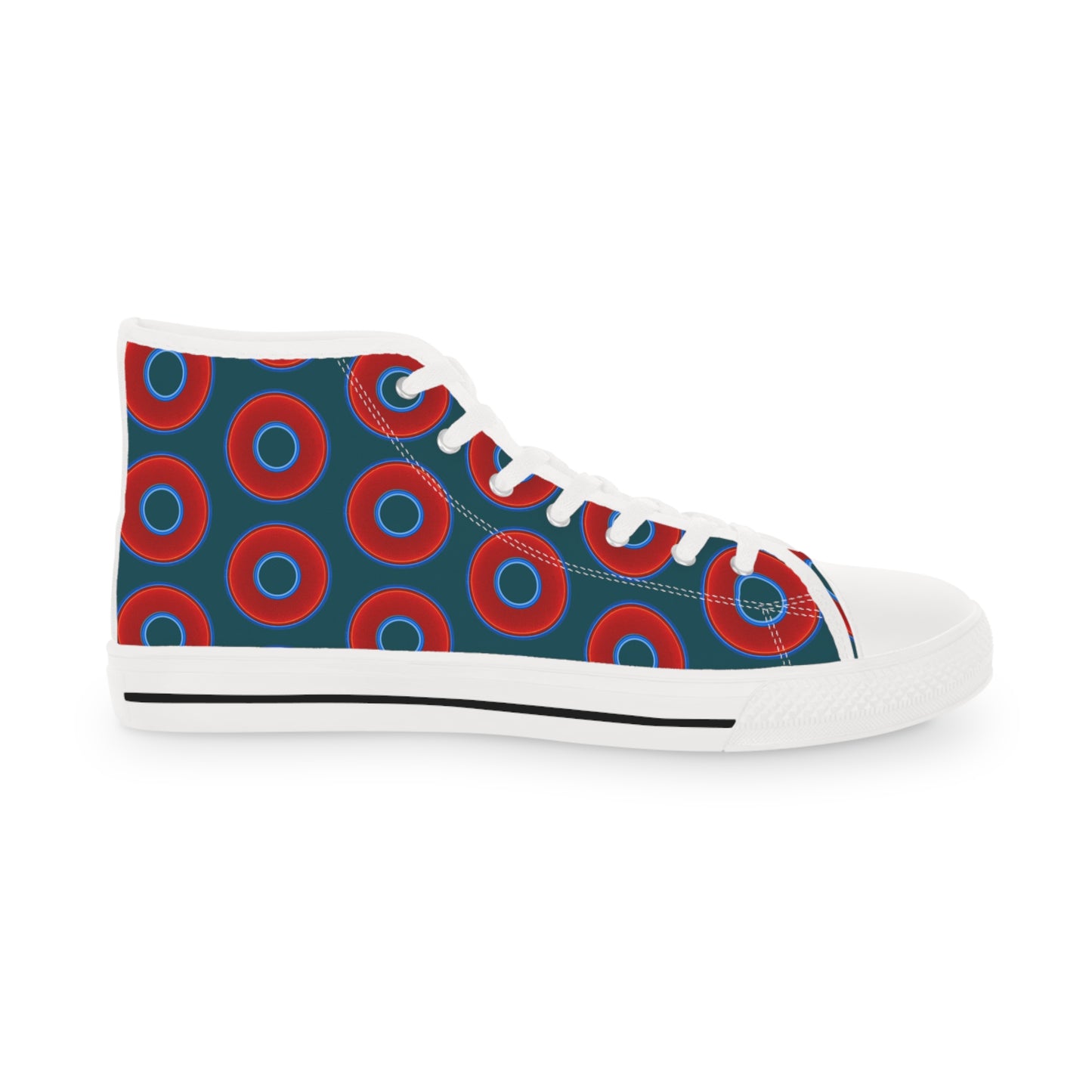 Men's High Top Chucks - large vivid red donut print w/midnight teal green background