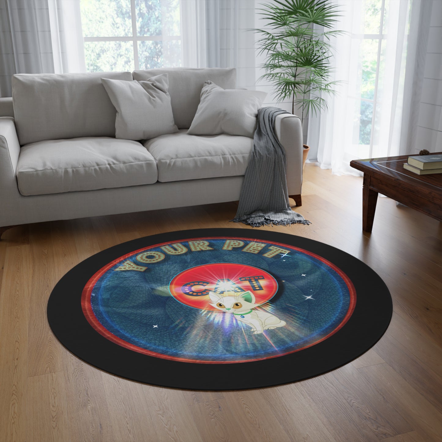 Round Room - 5 ft x 5 ft Lumpy Donut Rug - "Your Pet Cat's Phavorite Rug" - symmetrical feline donut w/black background