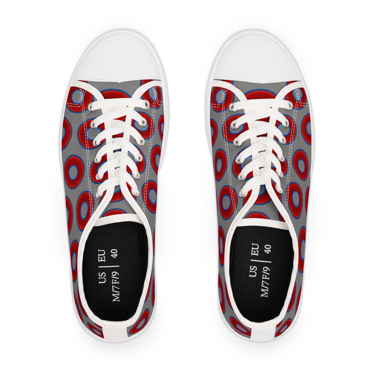 Women's - Low Top Chuck Taylors - large vivid red donut print w/gray background