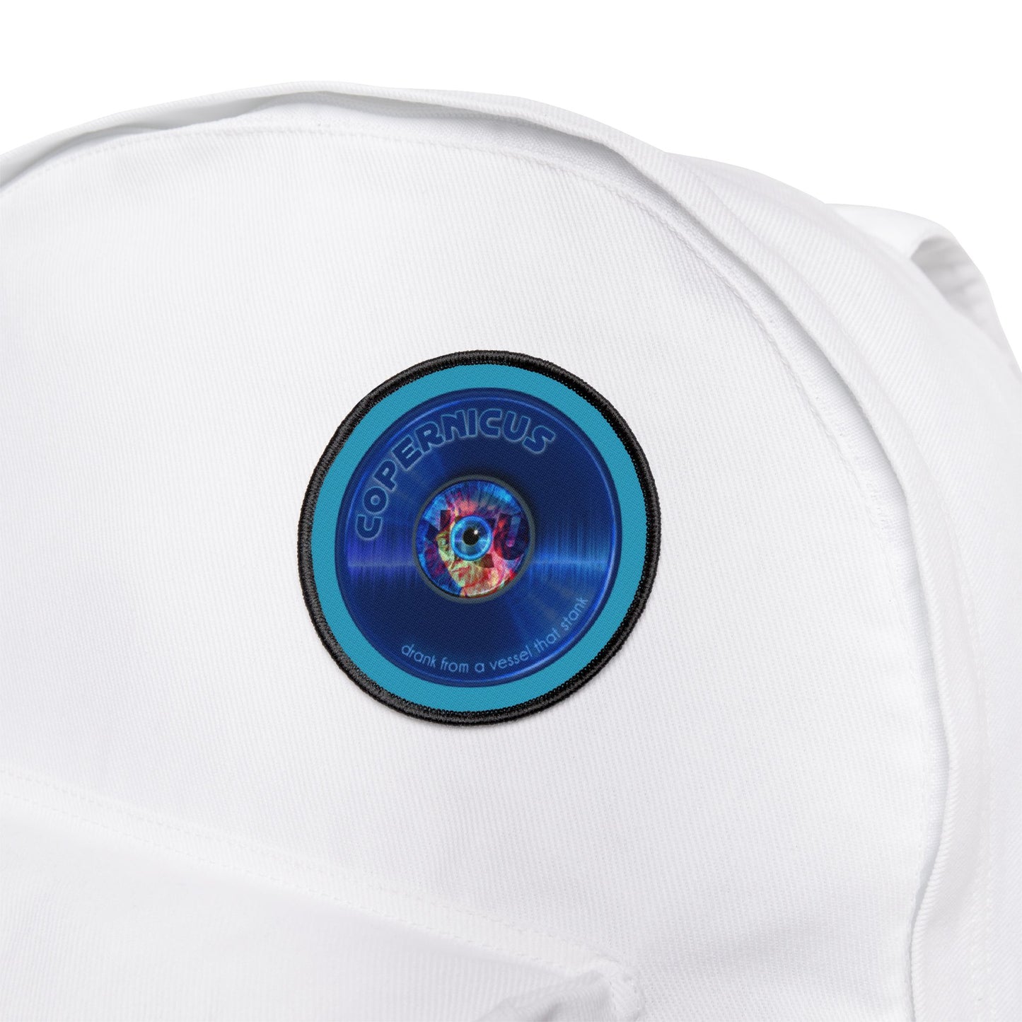 Iron-On Donut Patch - "Drunken Copernicus" - series 1.0 - variant 2 - blue record donut