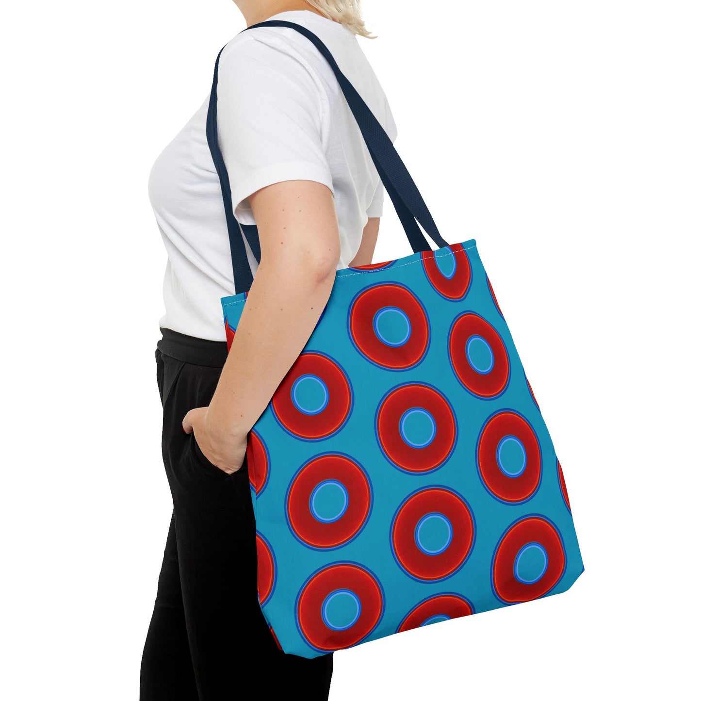Lumpy Beach/Tote Bag - red vivid donuts w/aquamarine blue background