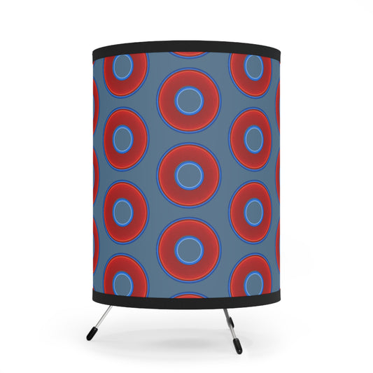 Lumpy Tripod Donut Lamp - vivid red donuts w/steel blue background