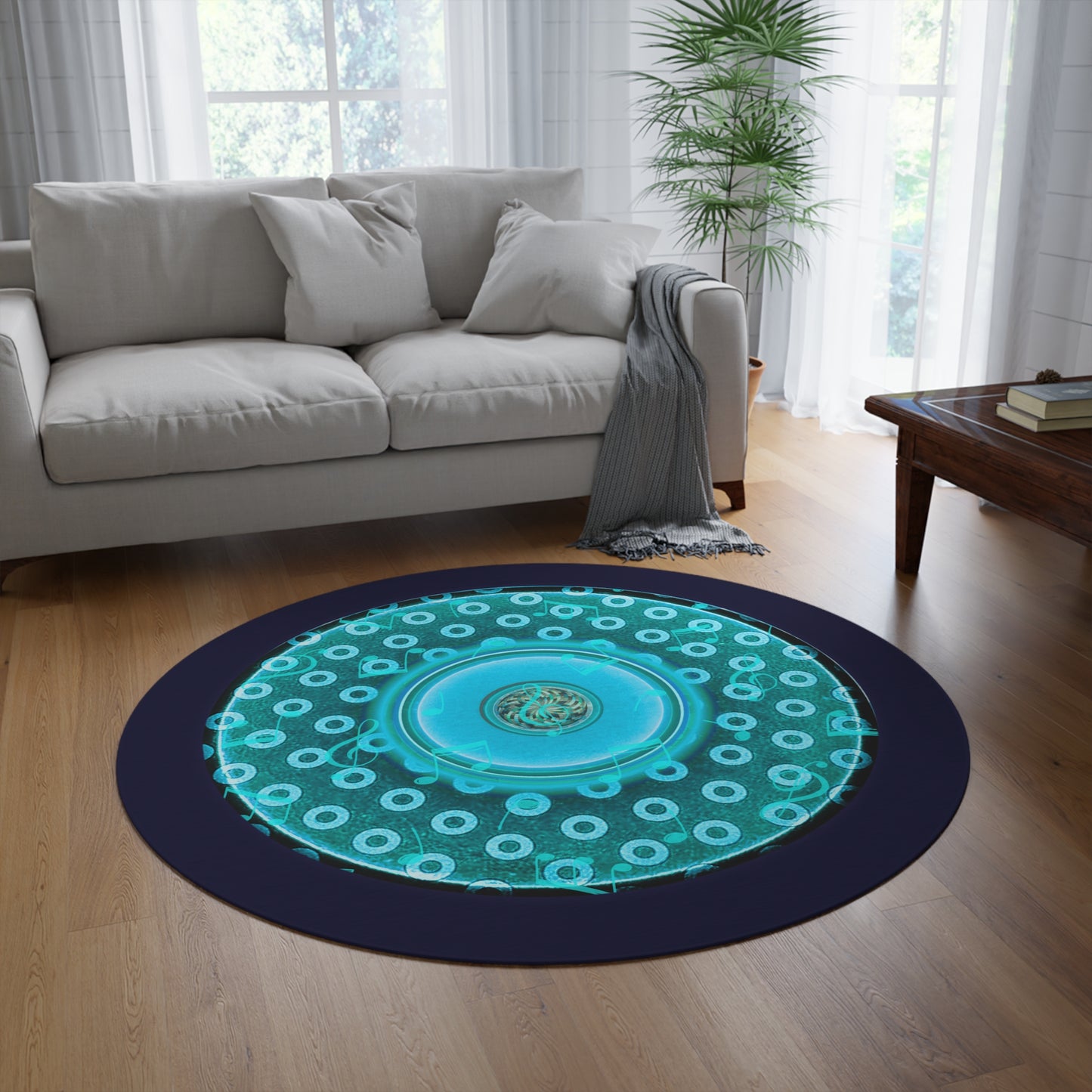 Round Room - 5 ft x 5 ft Lumpy Donut Rug - "A Song I Thought I Heard the Donut Sing" - paradoxical aquamarine/dark teal donut w/midnight blue background