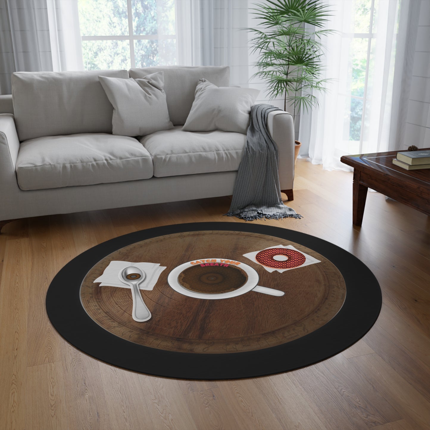 Round Room - 5 ft x 5 ft Lumpy Donut Rug - "Coffee w/my Donut Rug" - wooden donut w/black background