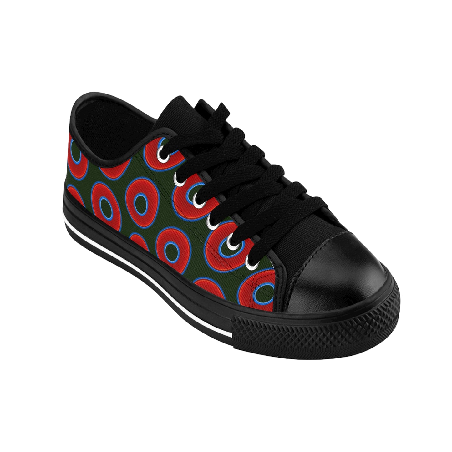 Women's Cushiony Convectors - Low Top - large red vivid donut print w/deep forest green background