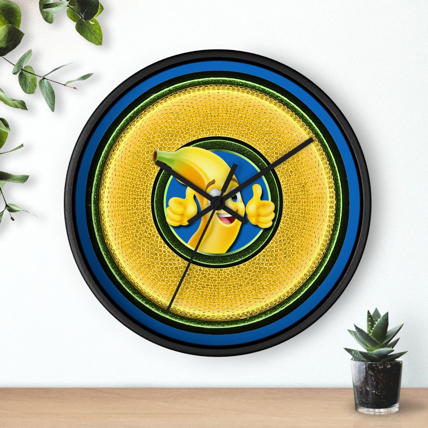 Lumpy Wall Clock - "Dis Sheet, It's Bananas" - variant 2 - golden rustic donut w/dark blue background