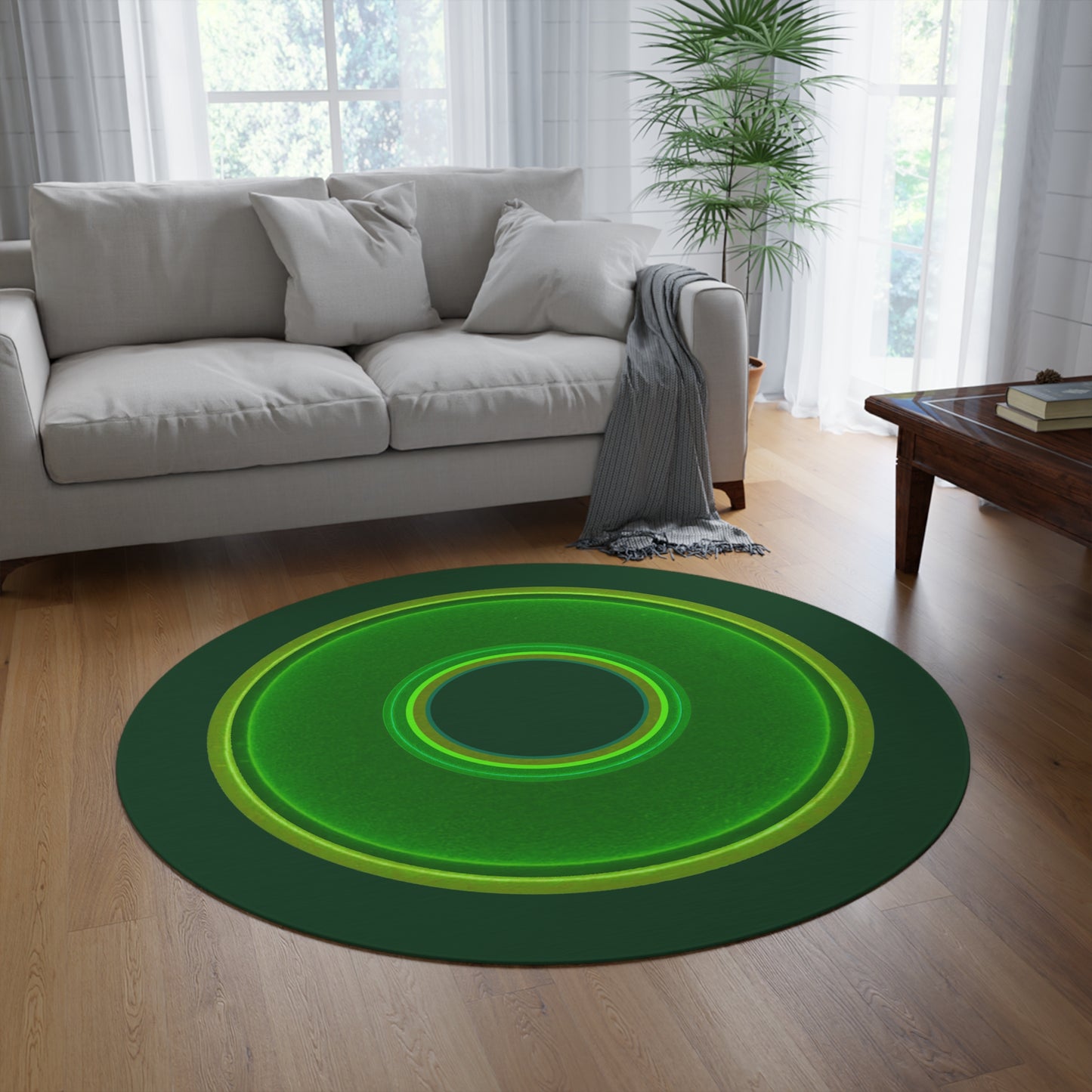 Round Room - 5 ft x 5 ft Lumpy Donut Rug - "Plain Donut" - green vivid donut print w/deep pond green background