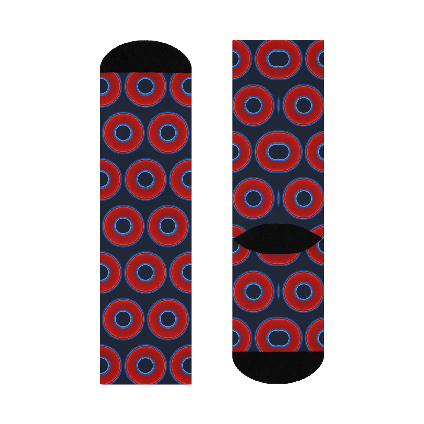 Lumpy Sox - cushioned crew - vivid red donut print w/dark teal blue elite background