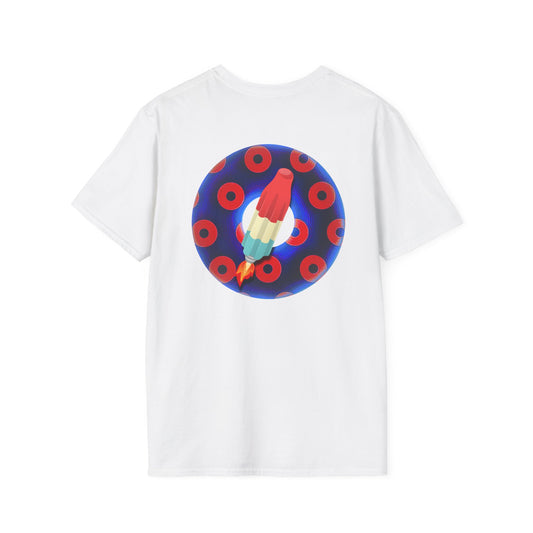 Classic Donut Tee - Unisex Soft-Style - "Blow this Popsicle Stand" - blue/red paradox bomb pop donut - variant 1