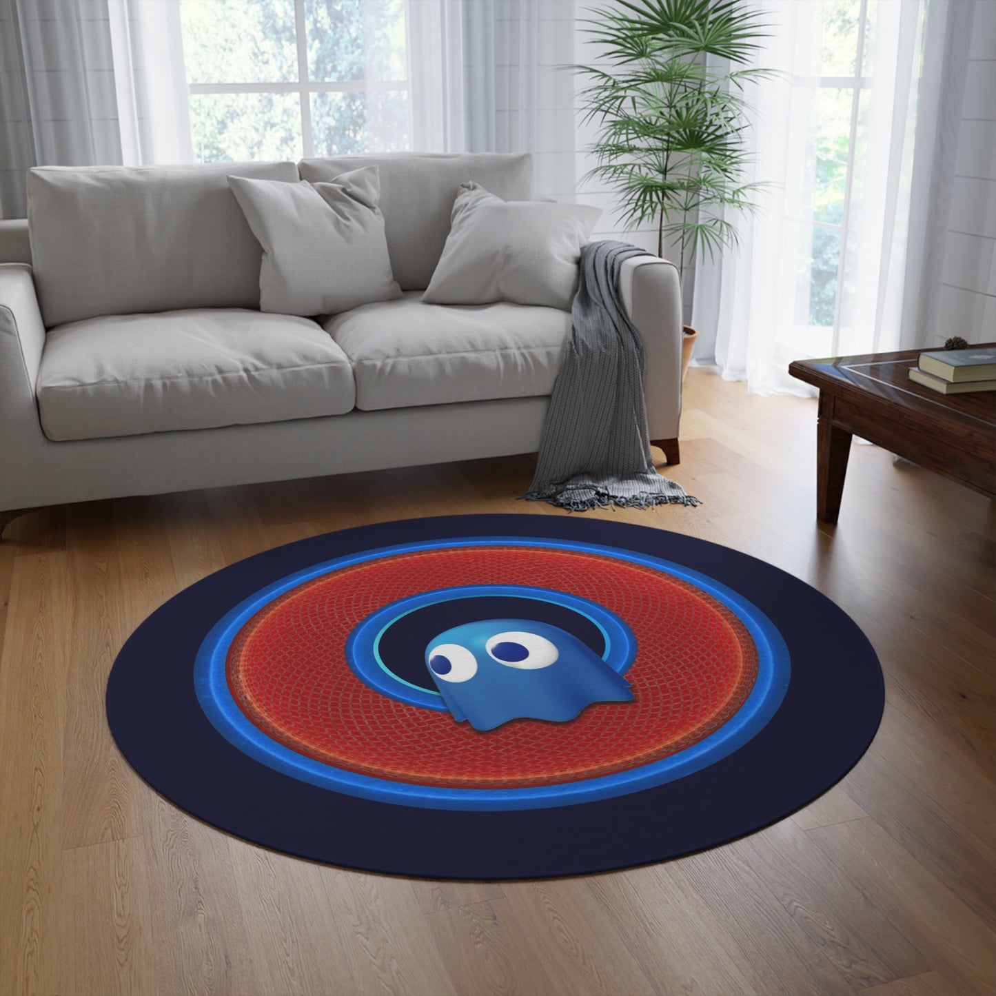 Round Room - 5 ft x 5 ft Lumpy Donut Rug - "The Story of the Ghostly Donut Rug" - rustic red/blue donut w/dark navy background - variant 1