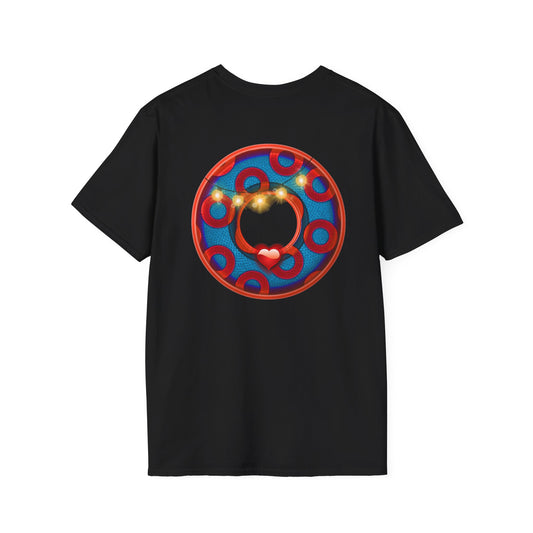 Classic Donut Tee - Unisex Soft-Style - "MORE Donuts Please" - rustic dark blue/red paradox donut - variant 1