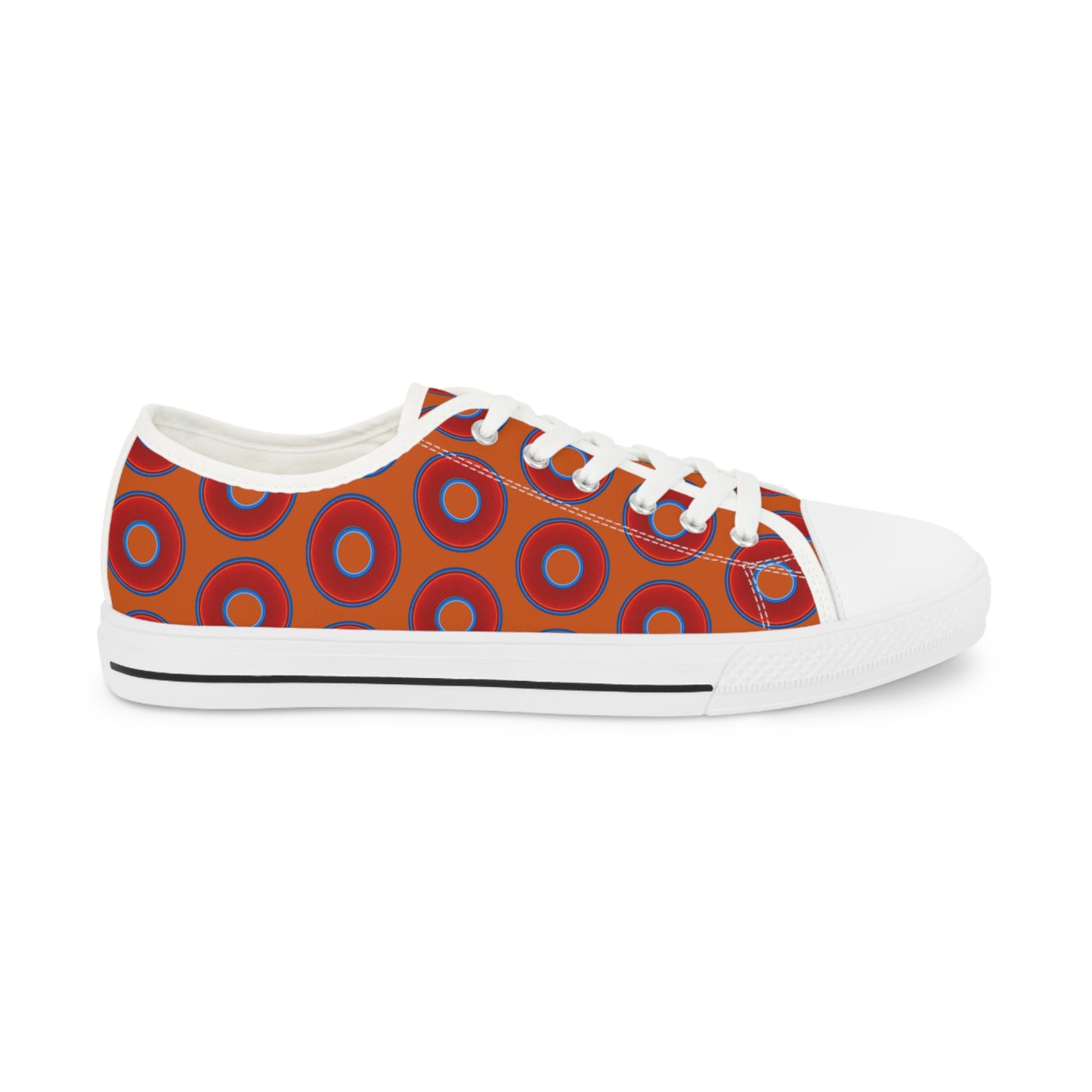 Men's - Low Top Chuck Taylors - large vivid red donut print w/dark orange background