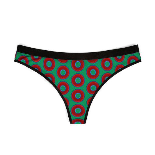 Lumpy Donut Thongs - red vivid donut print w/jade green background