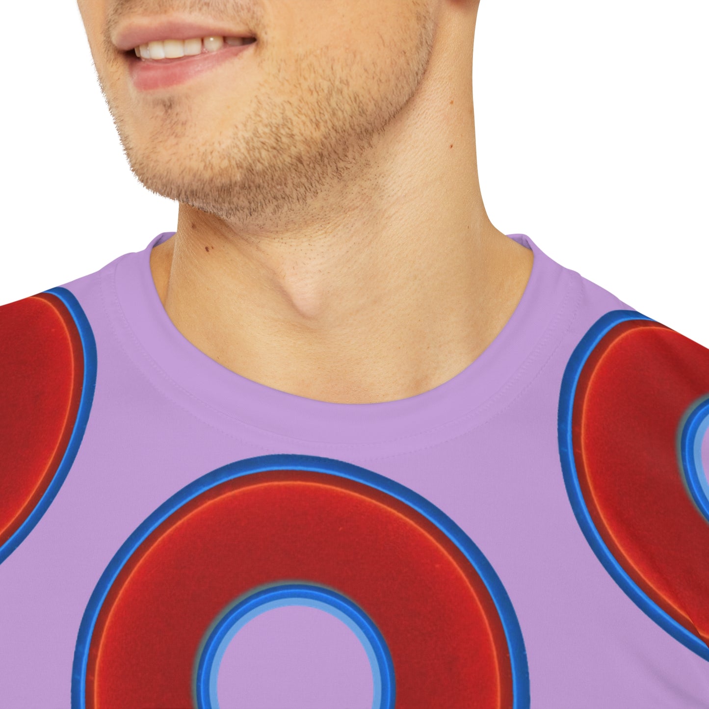 Multi-Beastie Giant Donut AOP Polyester Tee - red vivid donut print w/wisteria purple background