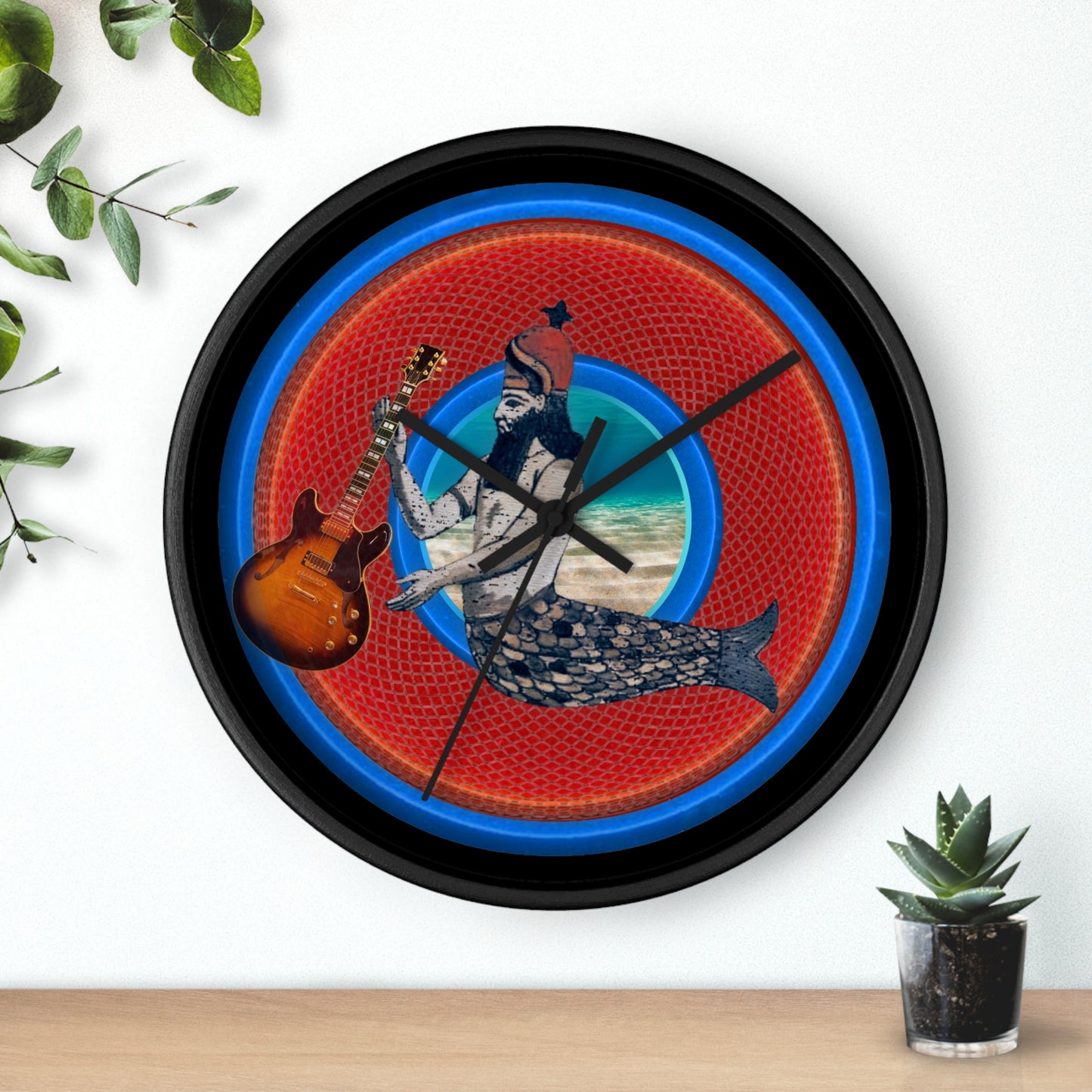 Lumpy Wall Clock - "Doggone Dagon Donut Clock" - variant 4 - rustic red/blue donut w/black background