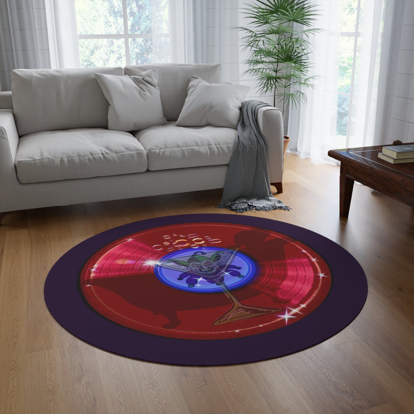 Round Room - 5 ft x 5 ft Lumpy Donut Rug - "Joker's Personal Donut Rug - Personal Stash Edition" - vivid dark teal record donut w/midnight purple background - variant 3