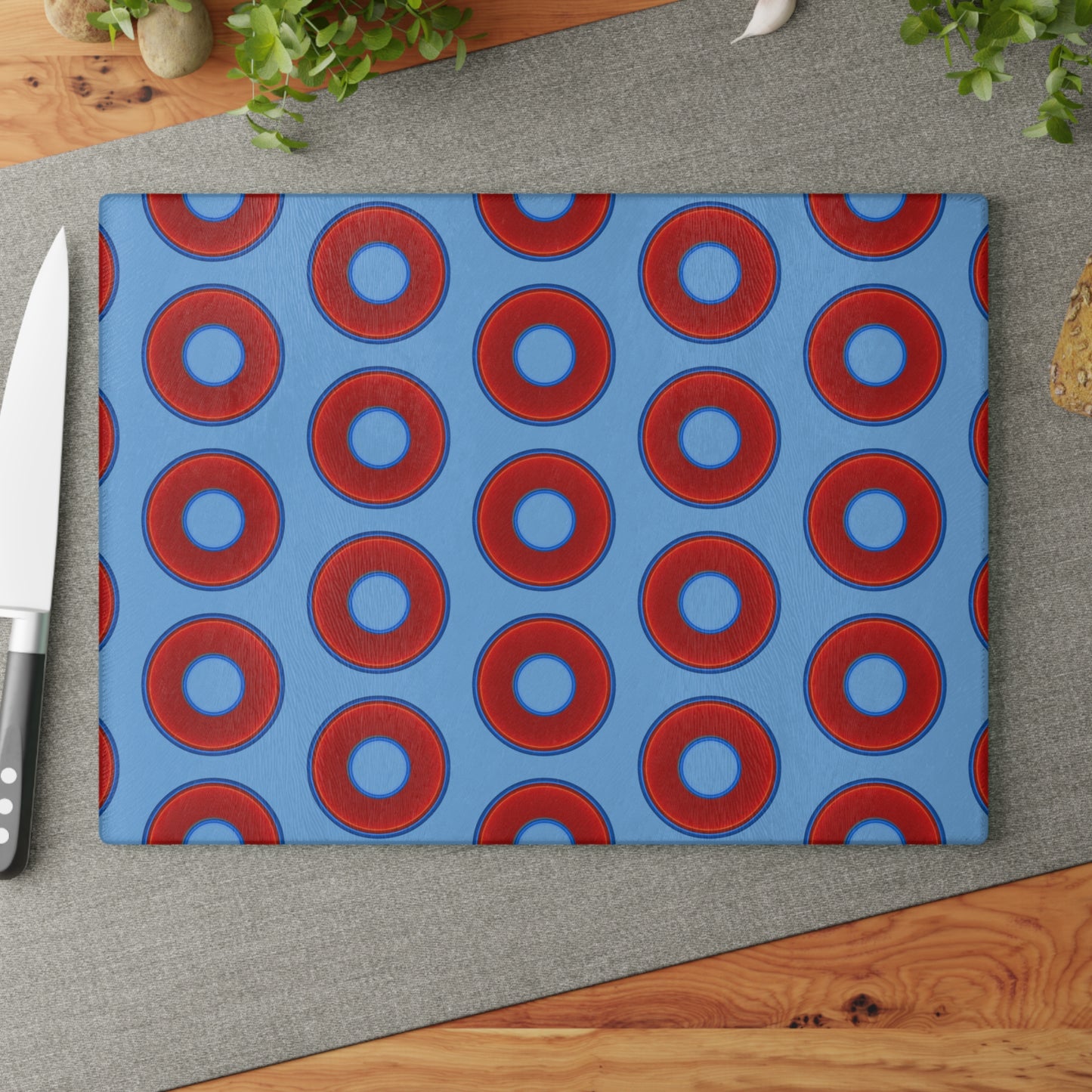 My Friend's Cutting Board - vivid red donuts w/light blue background