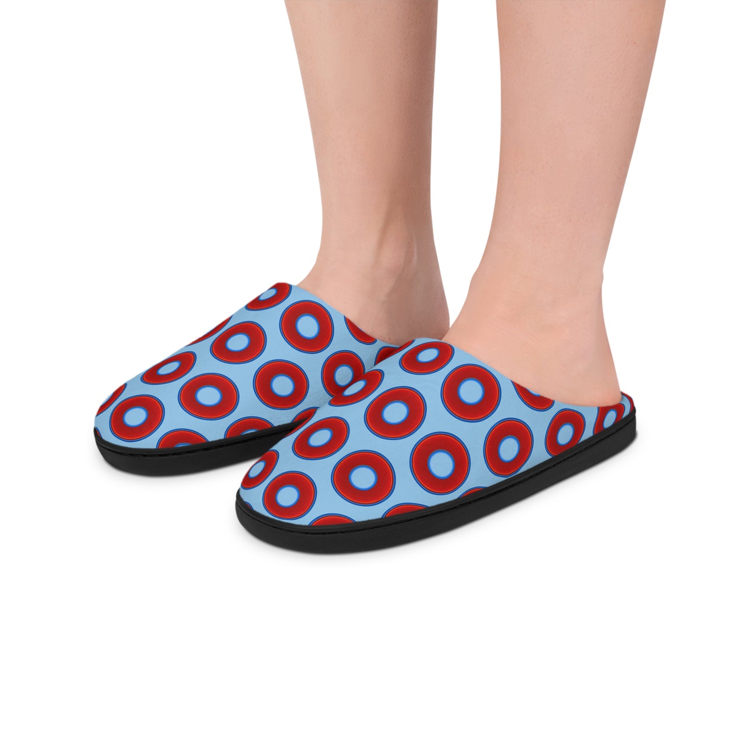 Men's Lumpy Slippers - red vivid donut print w/sky blue background