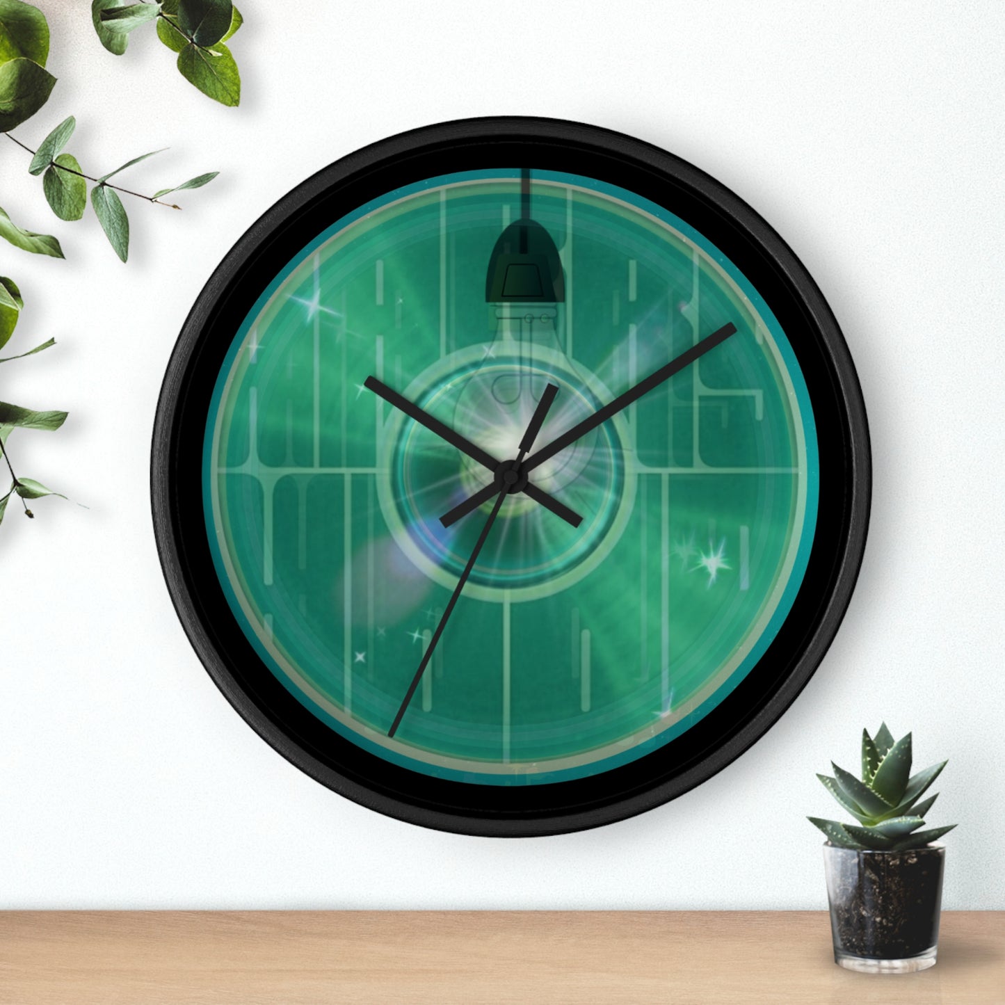 Lumpy Wall Clock - "Harry Hoodlum Donut Clock" - variant 2 - green vivid/word donut w/light & black background