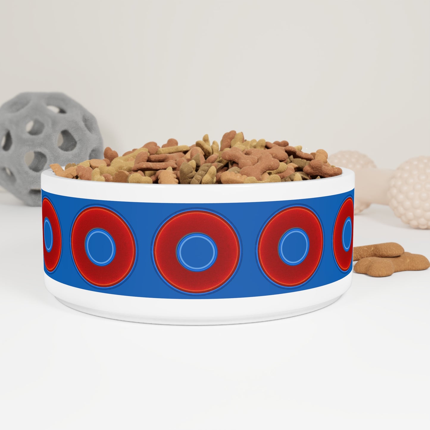 16 oz Lumpy Pet Bowl - vivid red donuts w/dark royal blue background