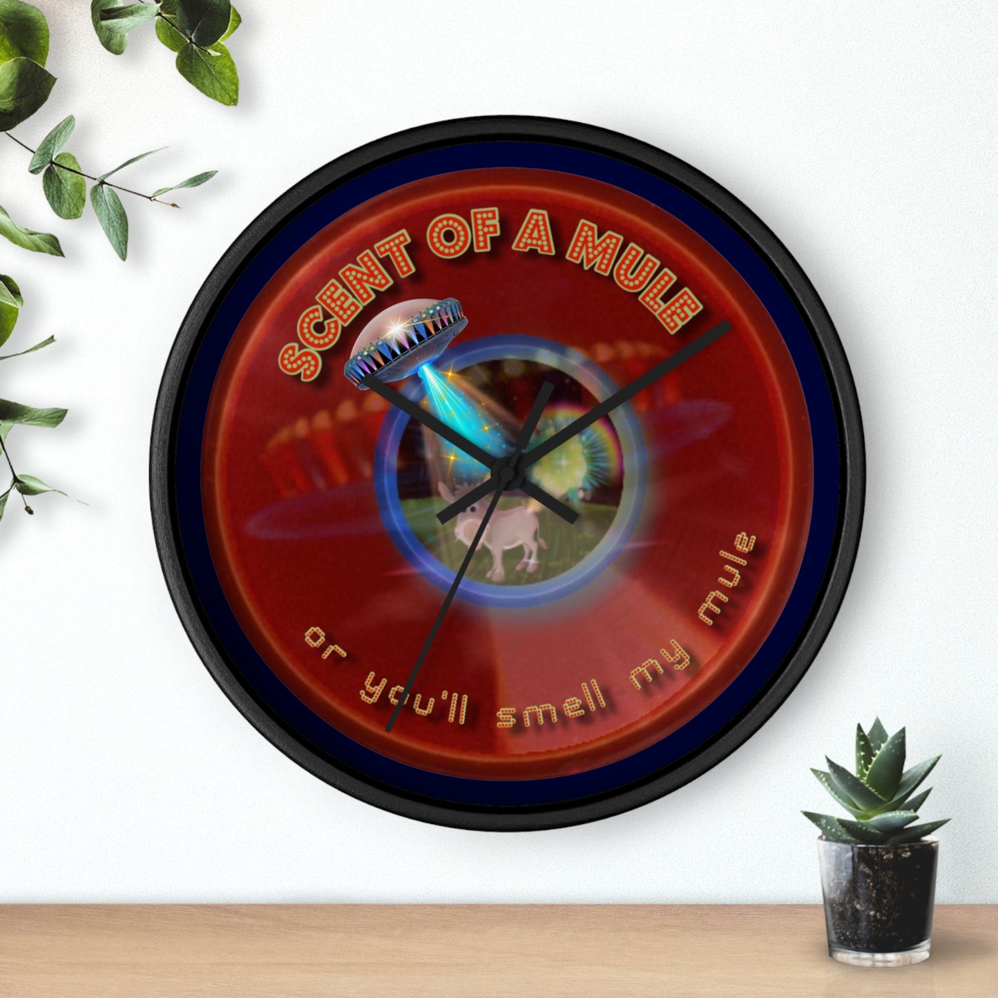 Lumpy Wall Clock - "Donut Clocks? In Tomahawk County?" - variant 4 - vivid red/blue donut w/dark navy background