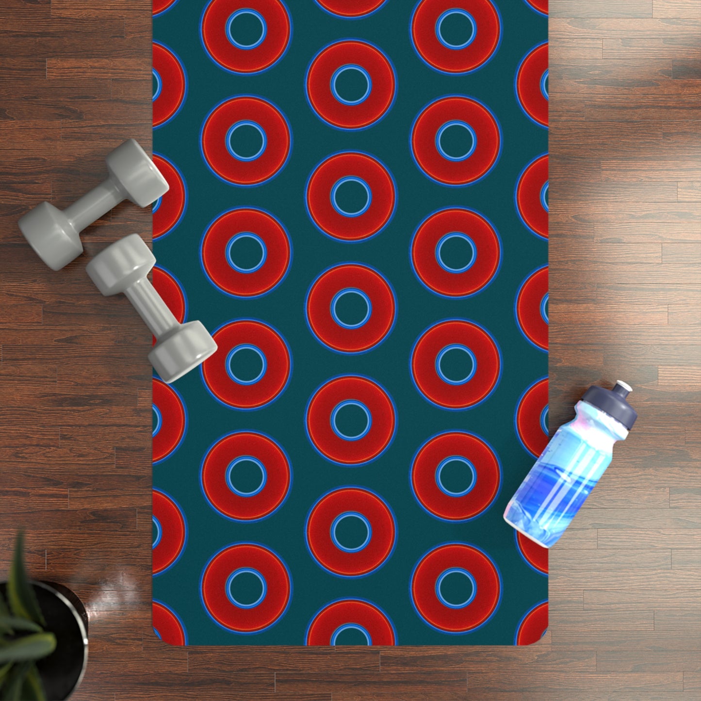 Lumpy Donut Yoga Mat :) - 24″ x 70" - vivid red donut print w/midnight teal green background