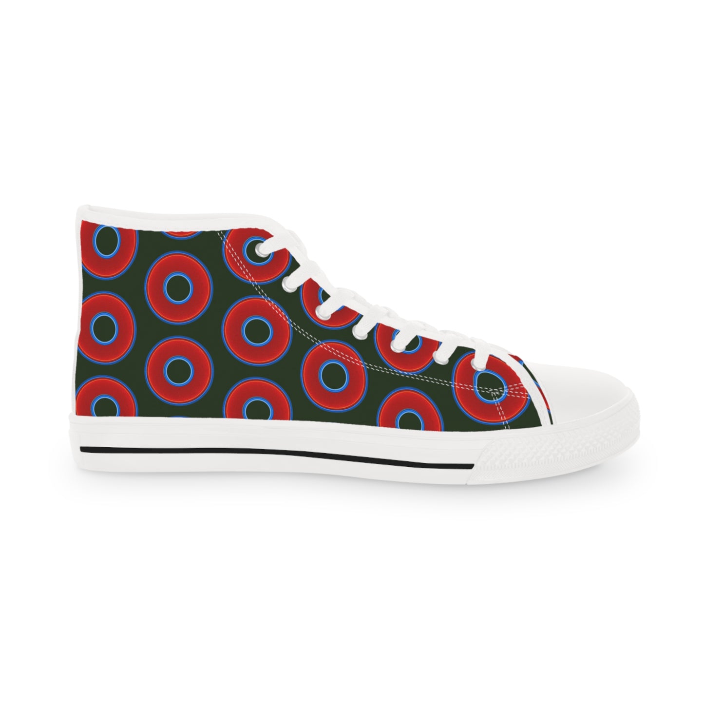 Men's High Top Chucks - large vivid red donut print w/deep forest green background