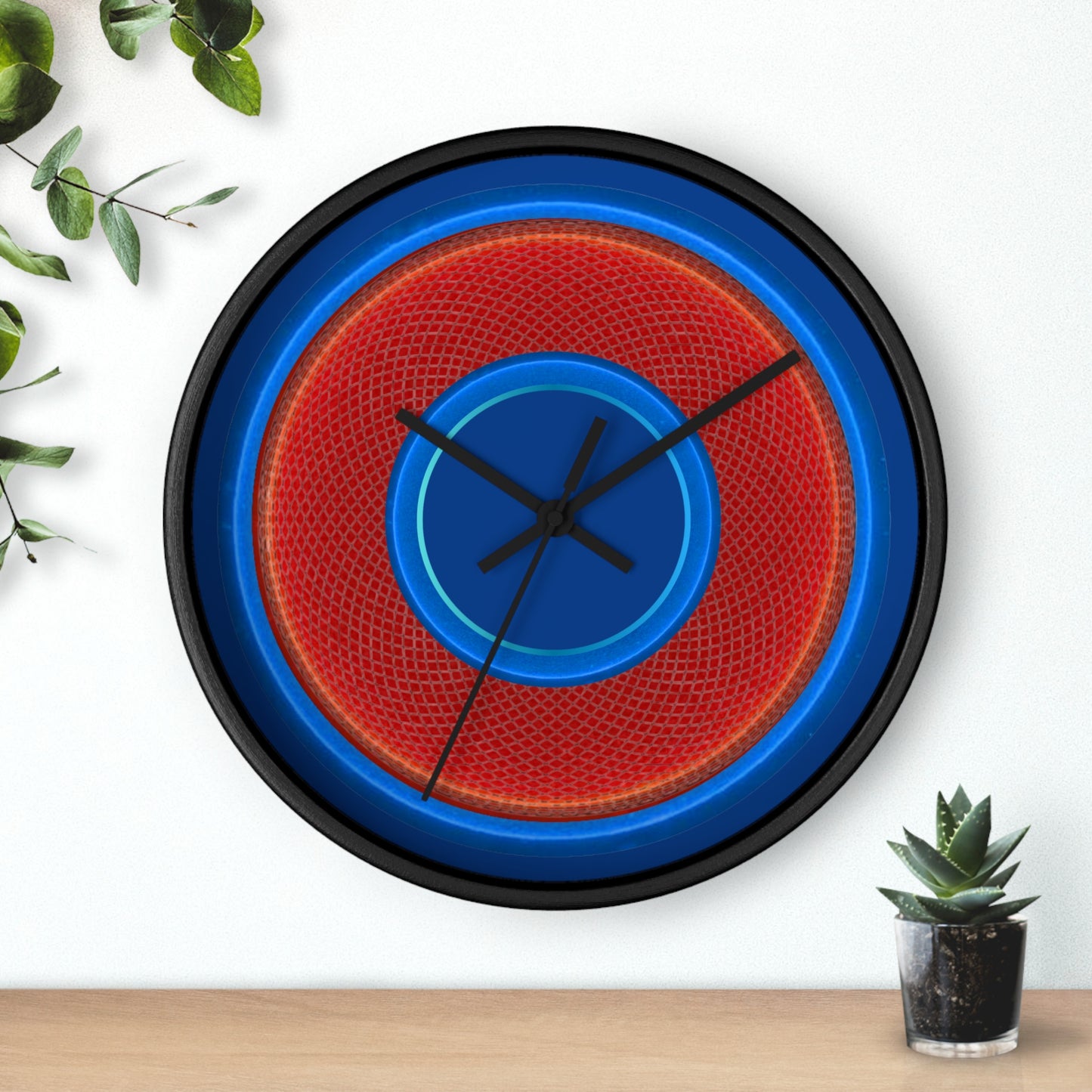 Lumpy Wall Clock - red rustic donut w/light blue edging - variant 2 w/dark blue background