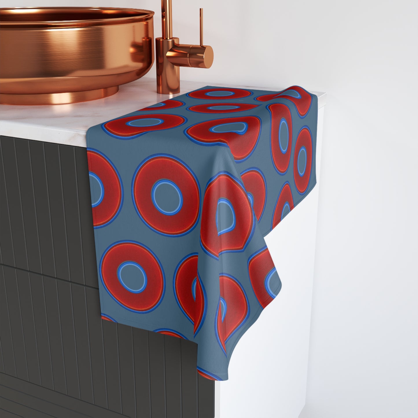Lumpy Kitchen/Hand Towels - vivid red donuts w/steel blue background
