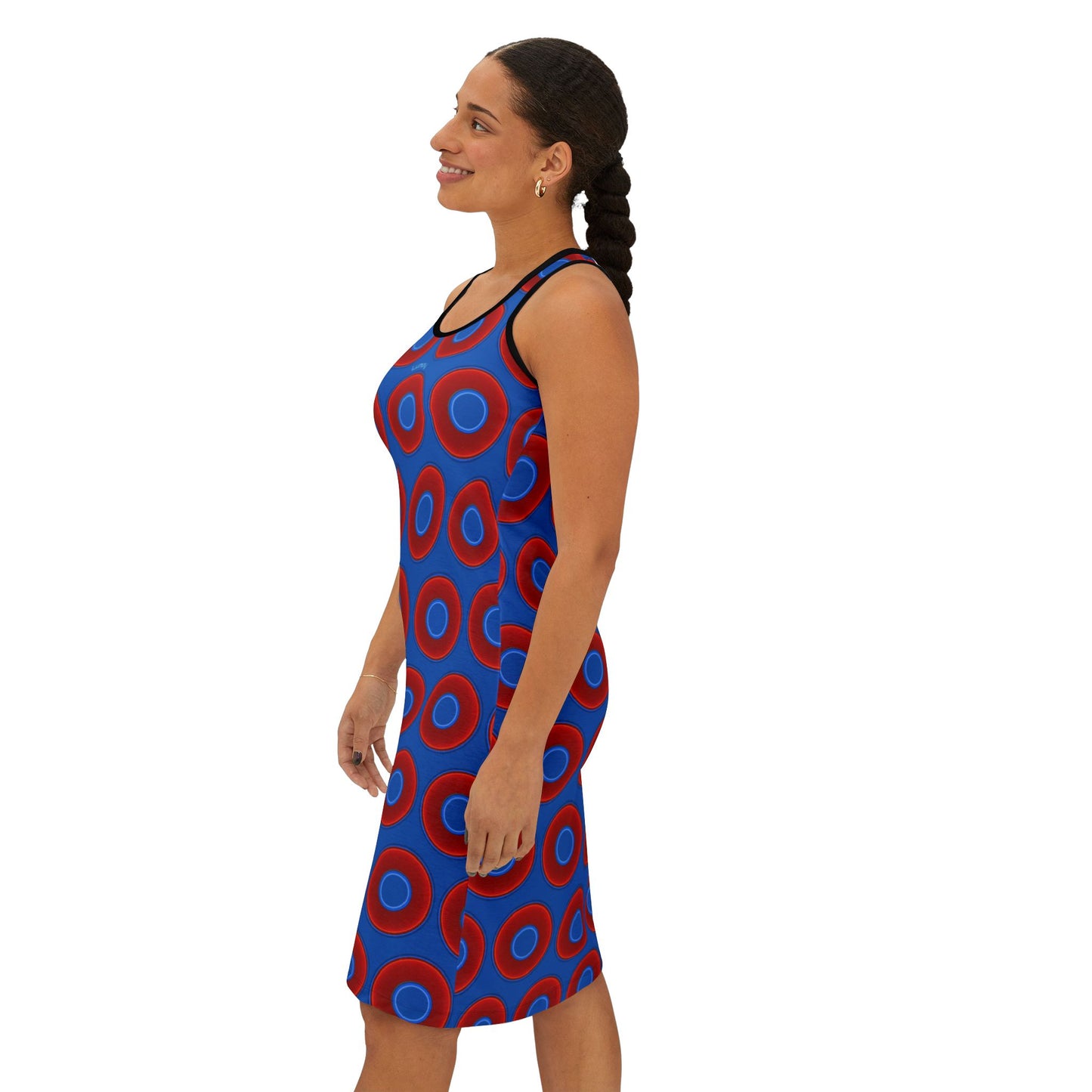 Tela's Lumpy Racerback Donut Dress - red vivid donut print w/darker royal blue background