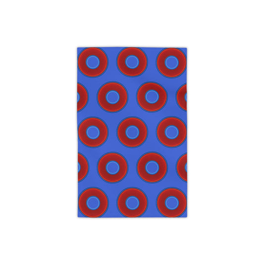 Lumpy Donut Towels - vivid red donuts w/royal blue background