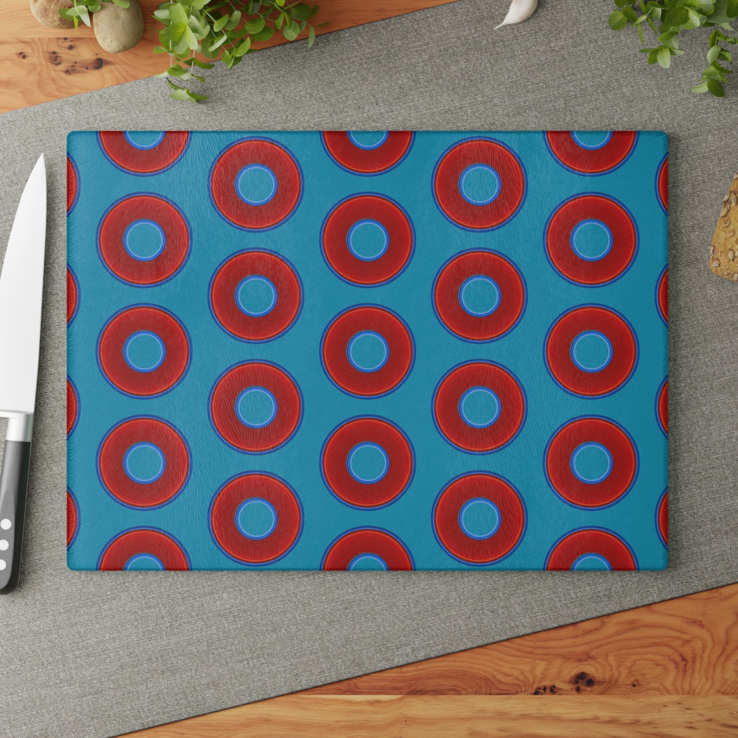 My Friend's Cutting Board - vivid red donuts w/aquamarine blue background