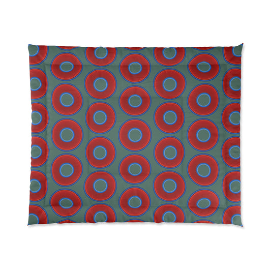 The Very Lumpy Comforter - vivid red donuts w/Fenway green background