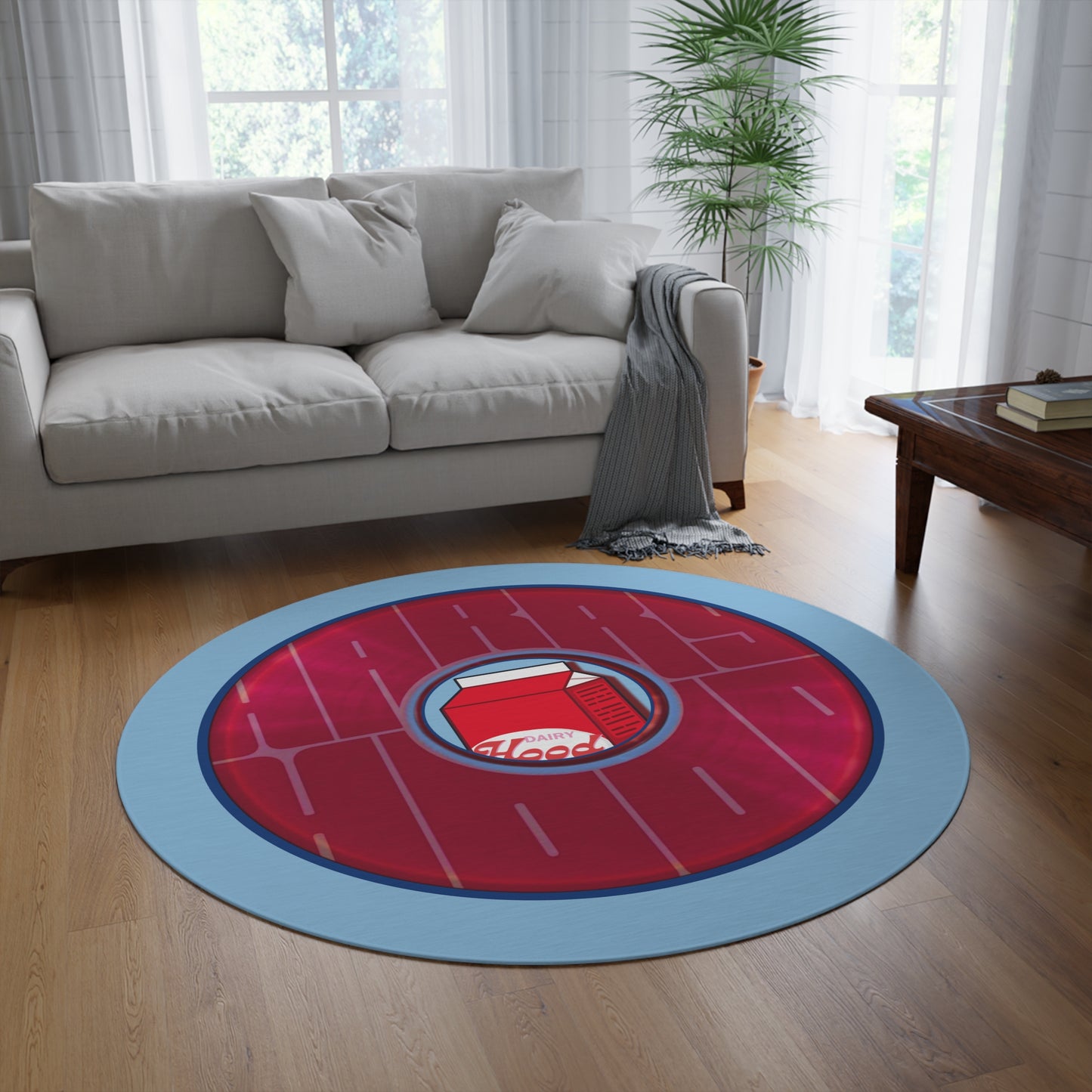 Round Room - 5 ft x 5 ft Lumpy Donut Rug - "Harry's Preferred Donut Rug" - vivid magenta/purple word donut w/light blue background - variant 2
