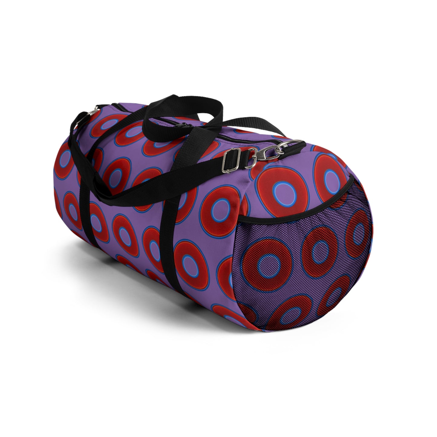 Lumpy Duffel - vivid red donuts w/light purple background