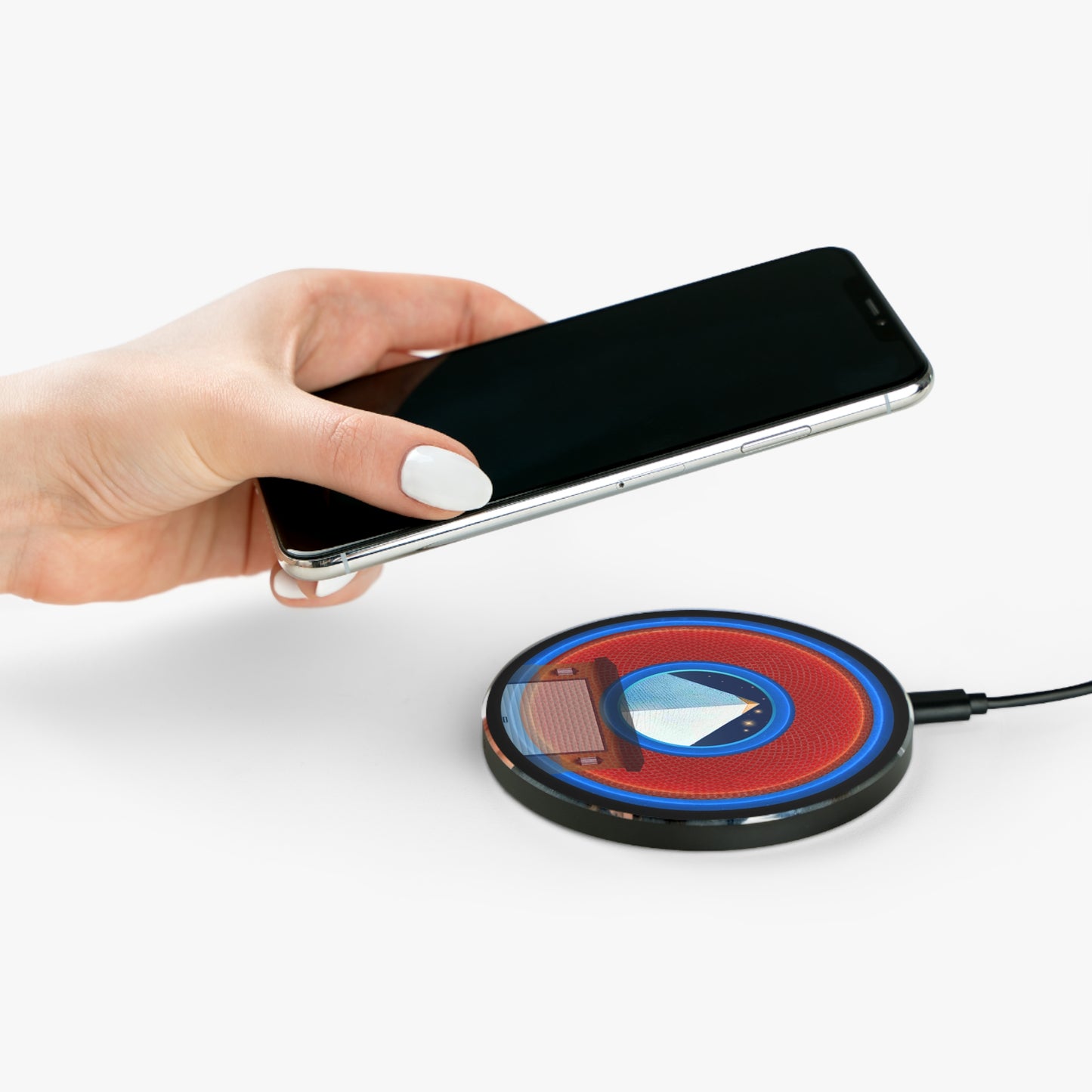 The Flow - Wireless Lumpy Donut Chargers - "Limestone Wireless Donut Chargers So Large " - rustic red/blue donut w/navy blue background - variant 2