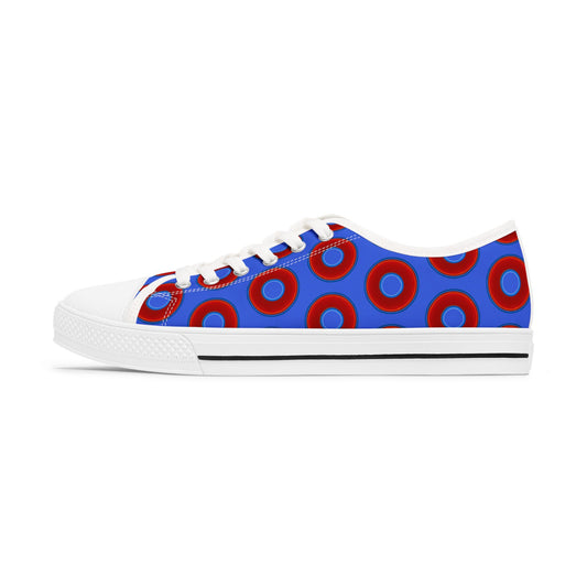 Women's - Low Top Chuck Taylors - large vivid red donut print w/royal blue background