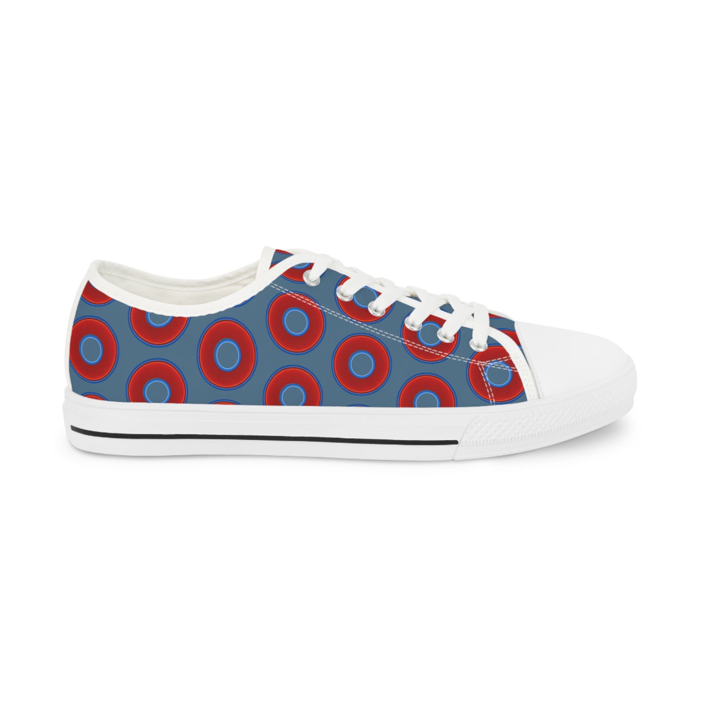 Men's - Low Top Chuck Taylors - large vivid red donut print w/steel blue background