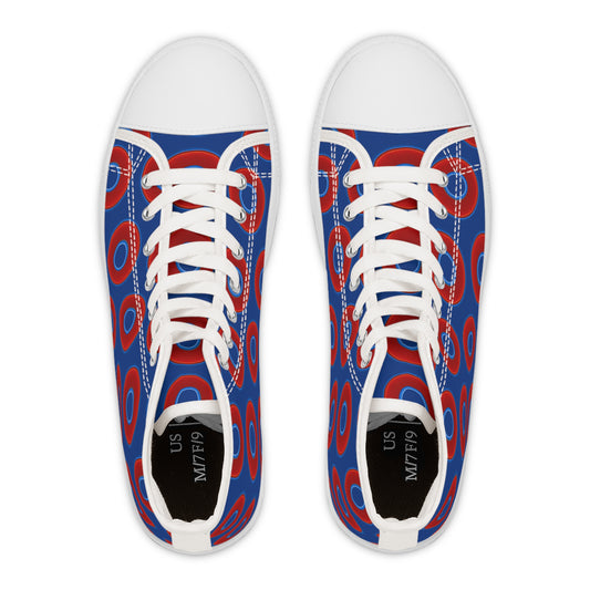 Women's High Top Chuck Taylors - large vivid red donut print w/dark blue background
