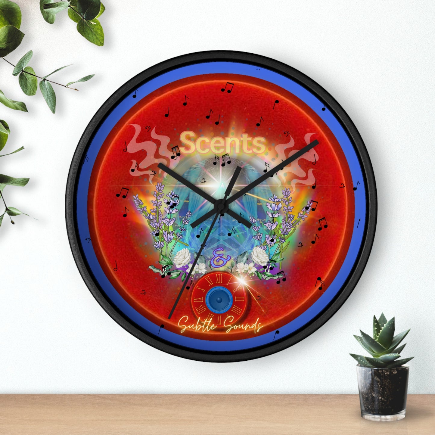 Lumpy Wall Clock - "The Scented & Subtly Delicious Donut" - red vivid w/royal blue background