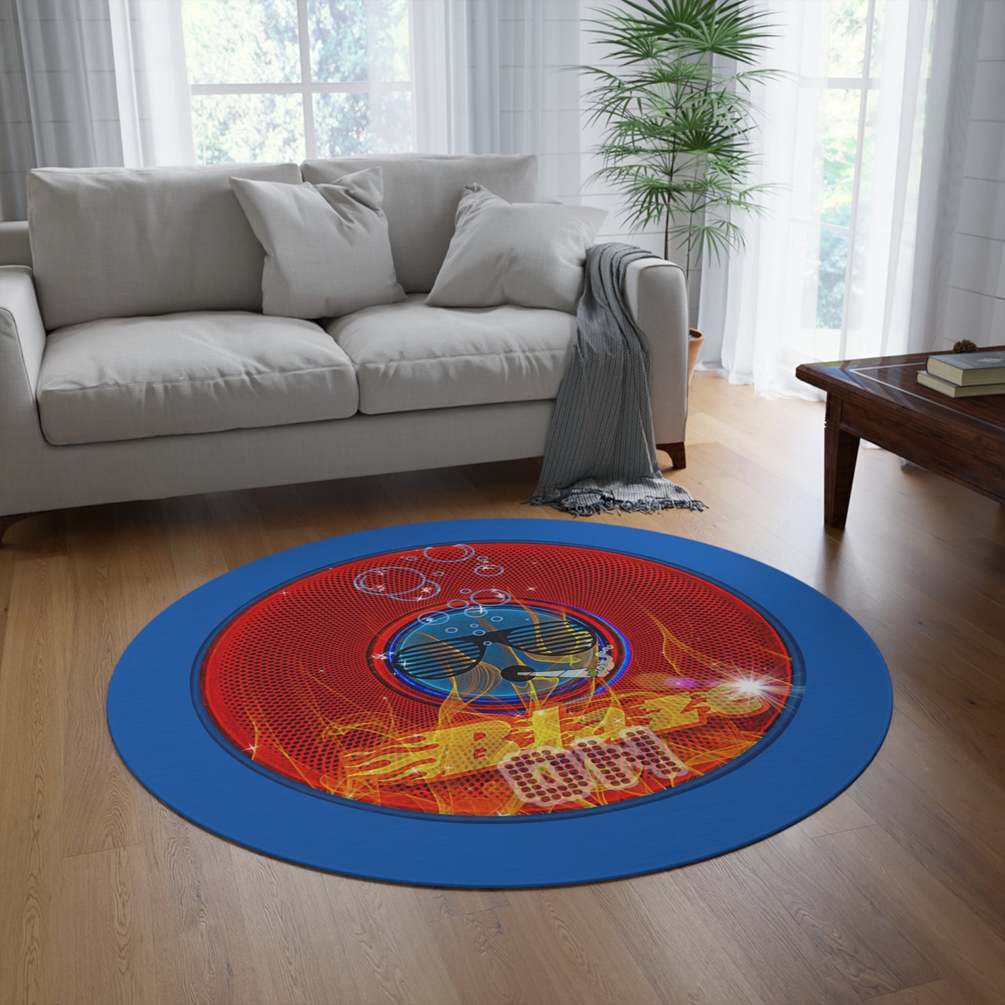 Round Room - 5 ft x 5 ft Lumpy Donut Rug - "Blazing Donut Rug" - red phatty donut w/dark royal blue background
