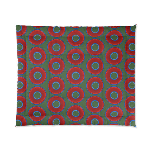 The Very Lumpy Comforter - vivid red donuts w/dark green background