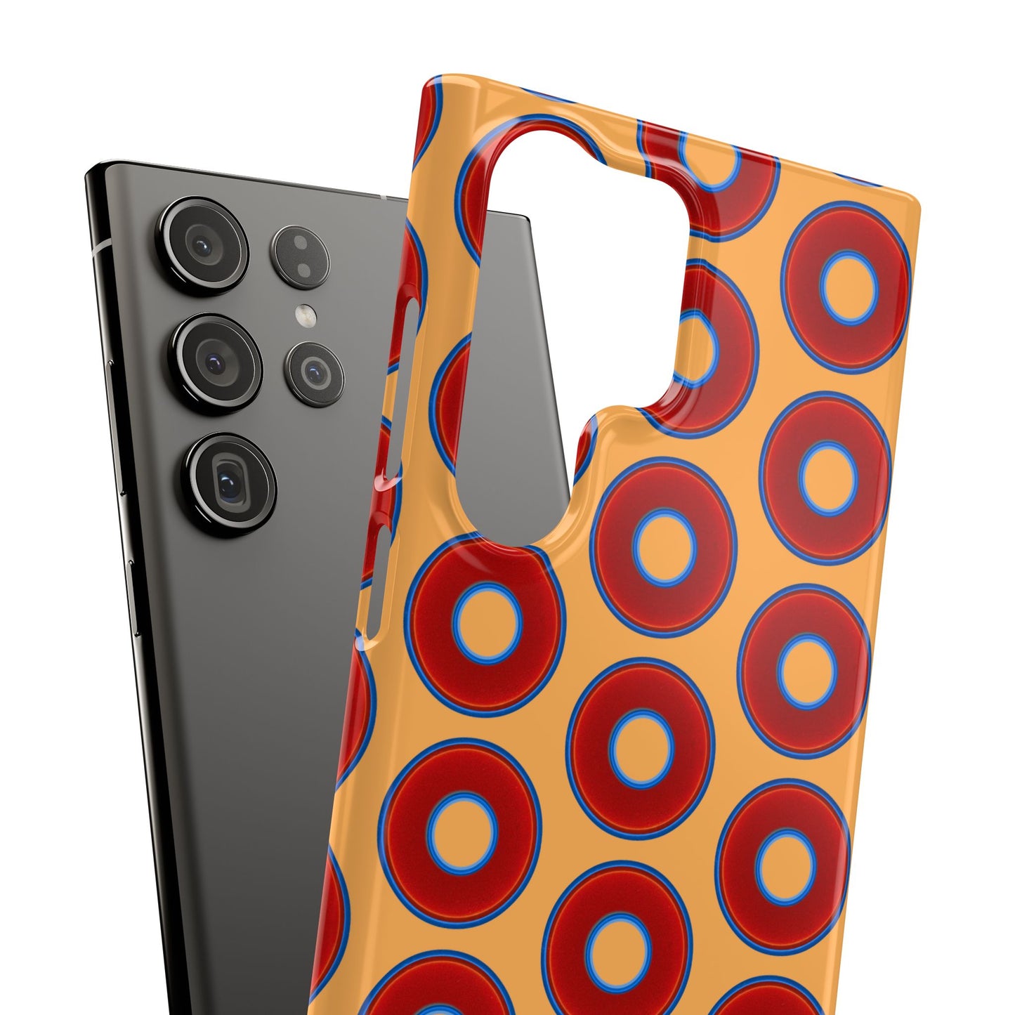 Lumpy Donut Snap Case - red vivid donut print w/creamcicle orange background
